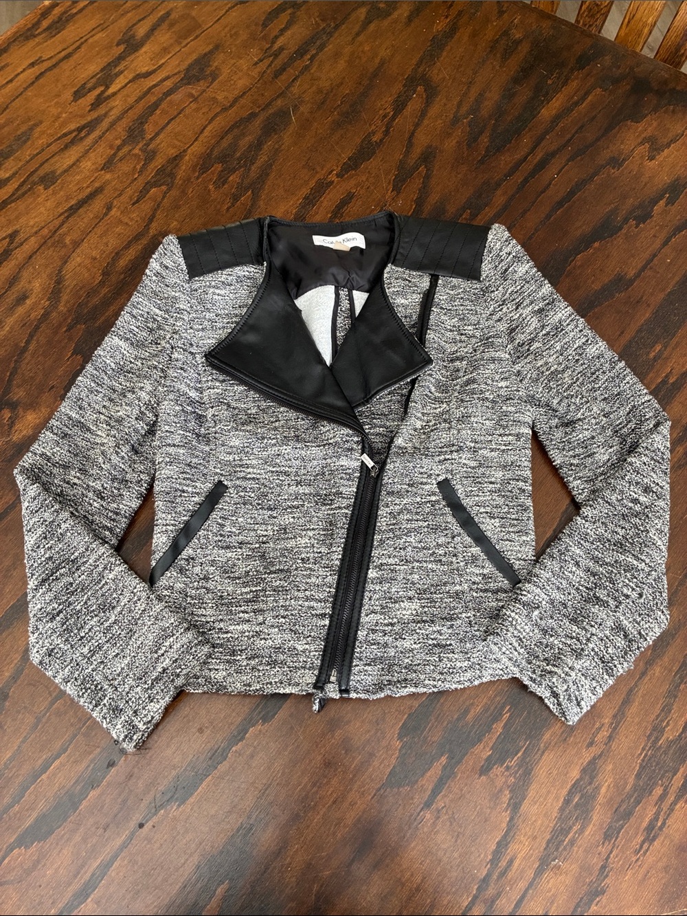 Calvin Klein Black & Gray Tweed Moto Blazer